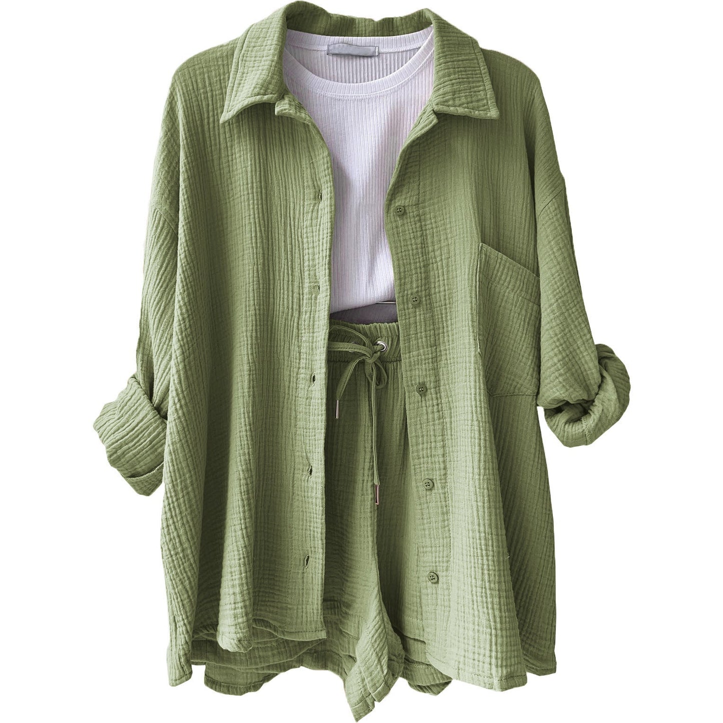 Crinkled Fabric Turn-Down Collar Shirt & High Waist Drawstring Shorts Set
