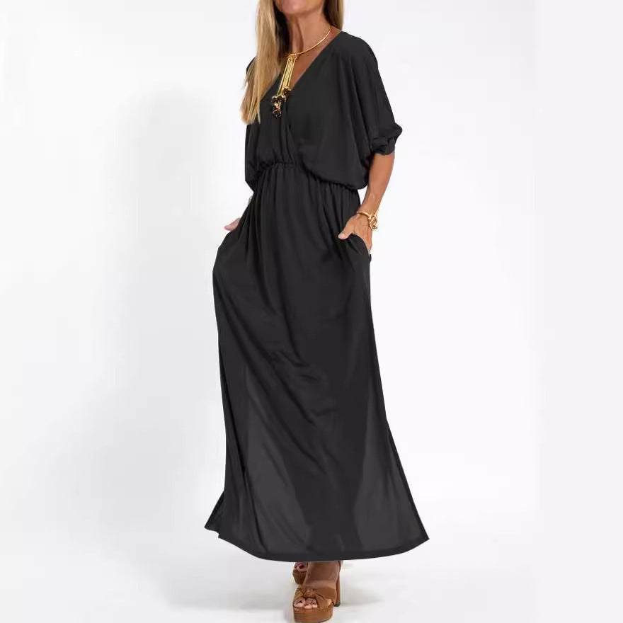High-Waisted Split V-Neck Dress