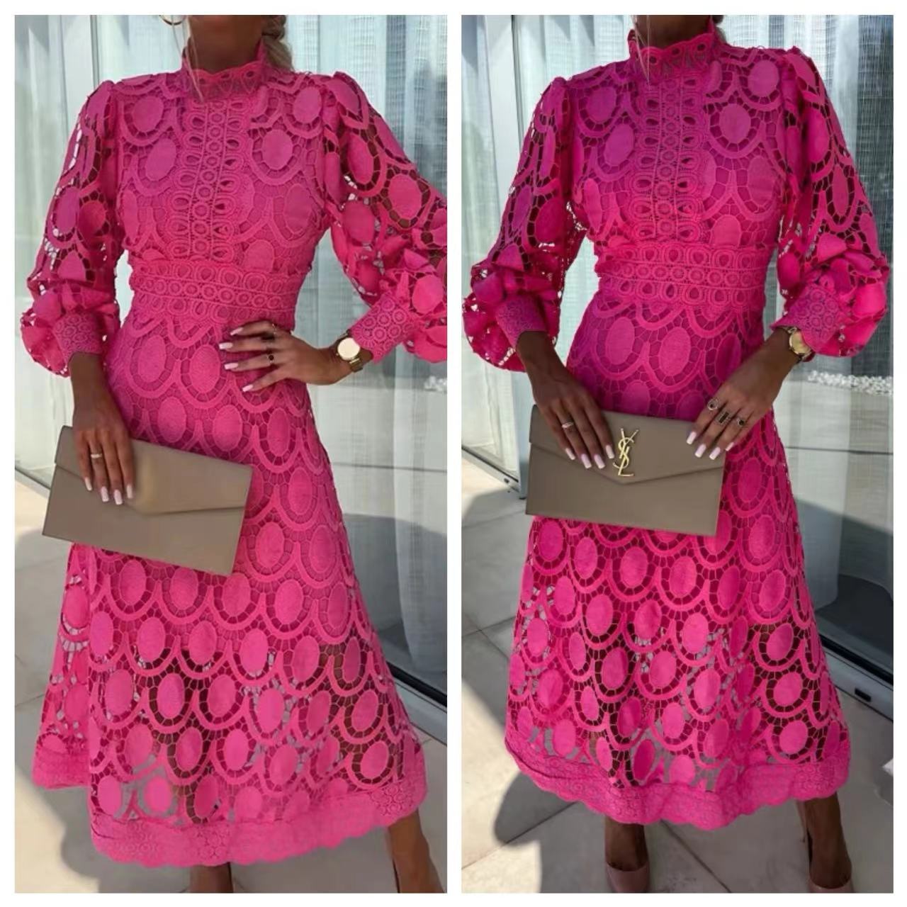 Lace Stand Collar Bubble Sleeve Dress