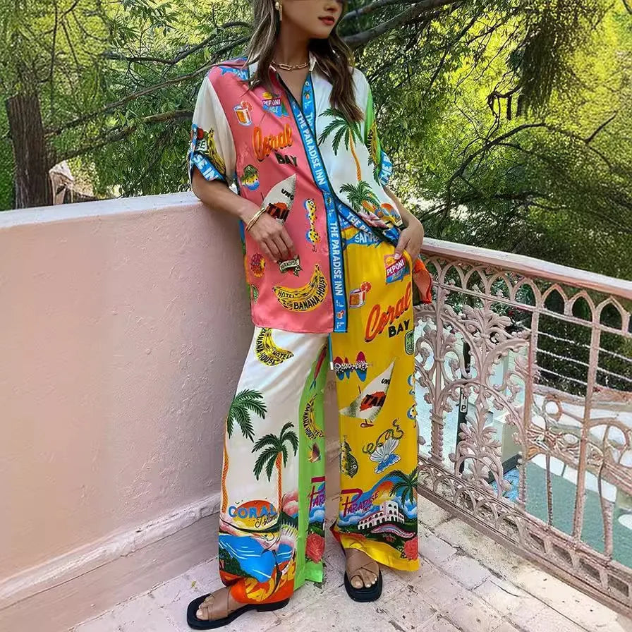 Graffiti Print Satin Two-Piece Set - Short Sleeve Shirt and Long Pants