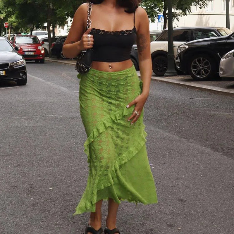 Lace Patchwork Sheer Maxi Skirt