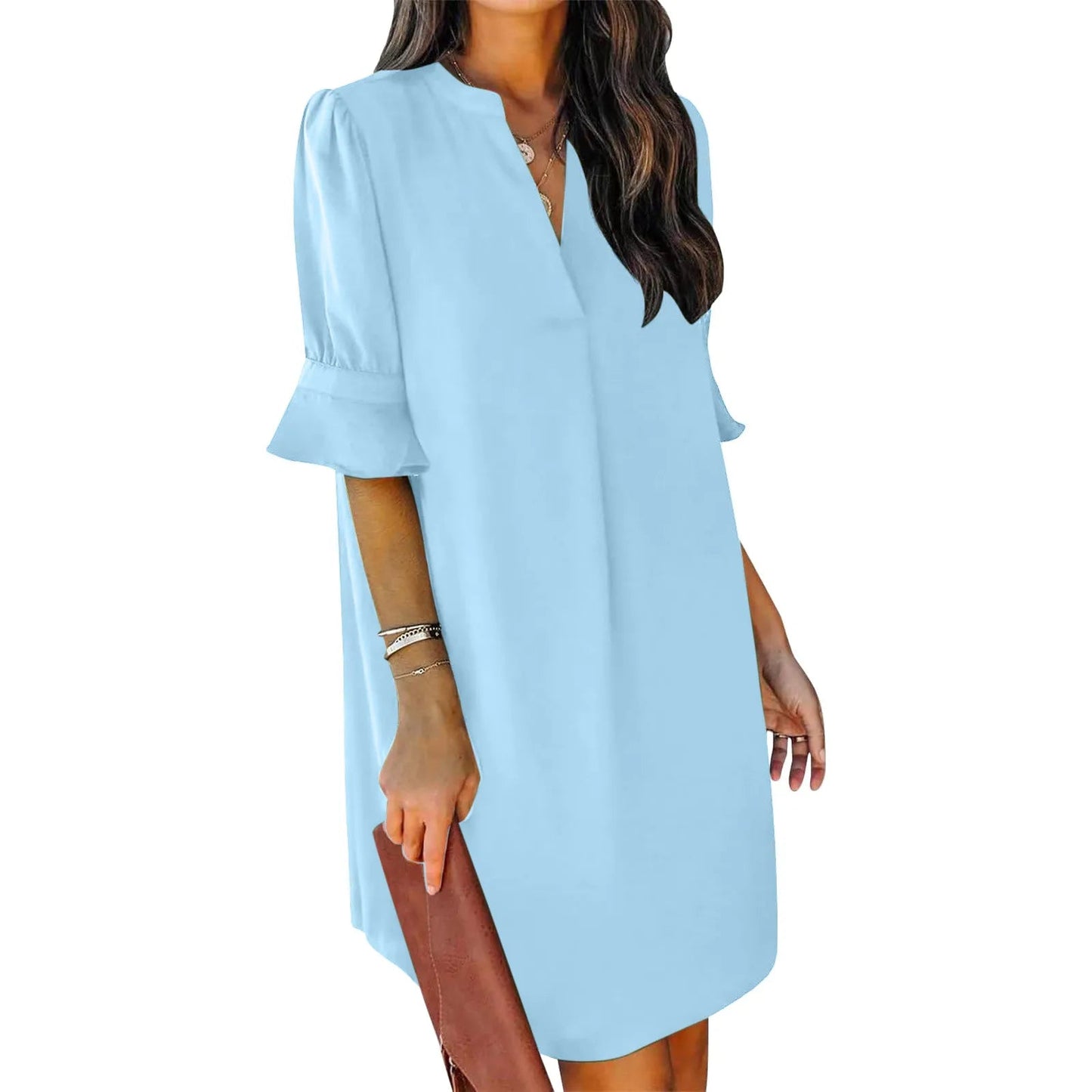 Solid Color Loose Fit V-Neck Pleated Short Sleeve Dress