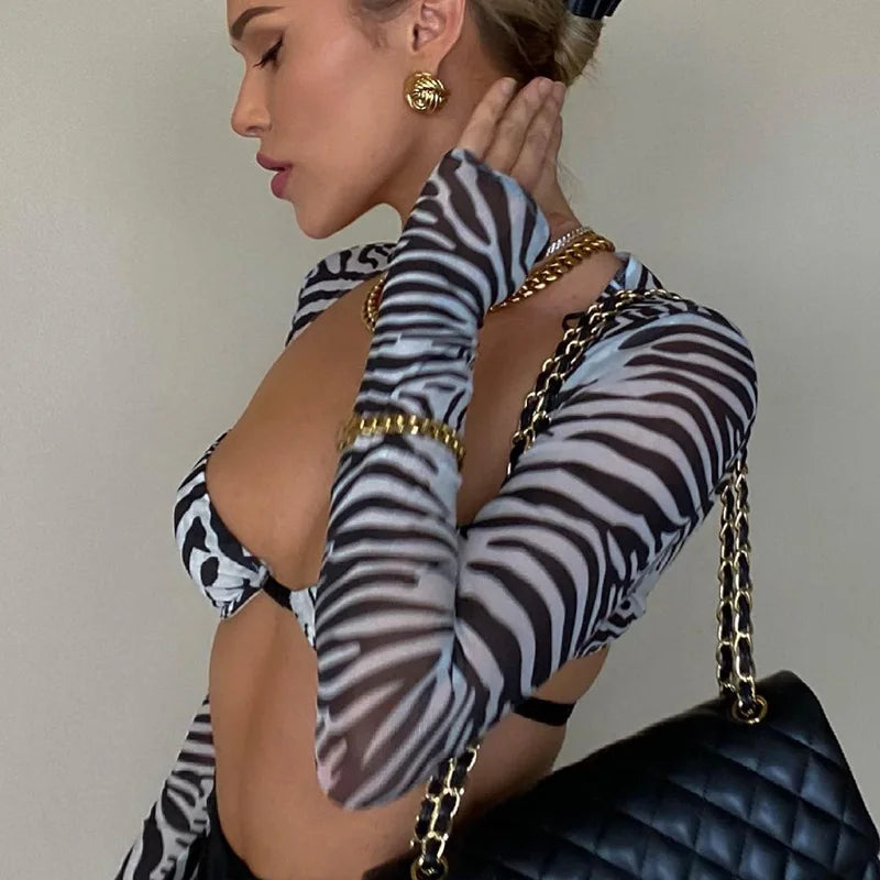 Zebra Print Long Sleeve Cropped Tops