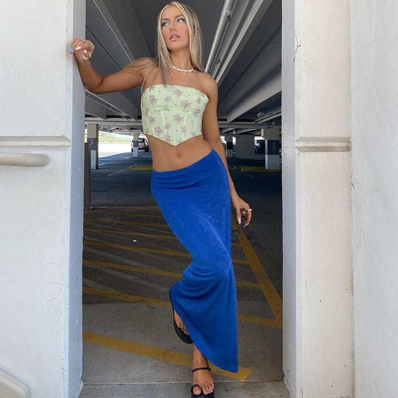 Elastic Solid Color Low Waist Maxi Skirt