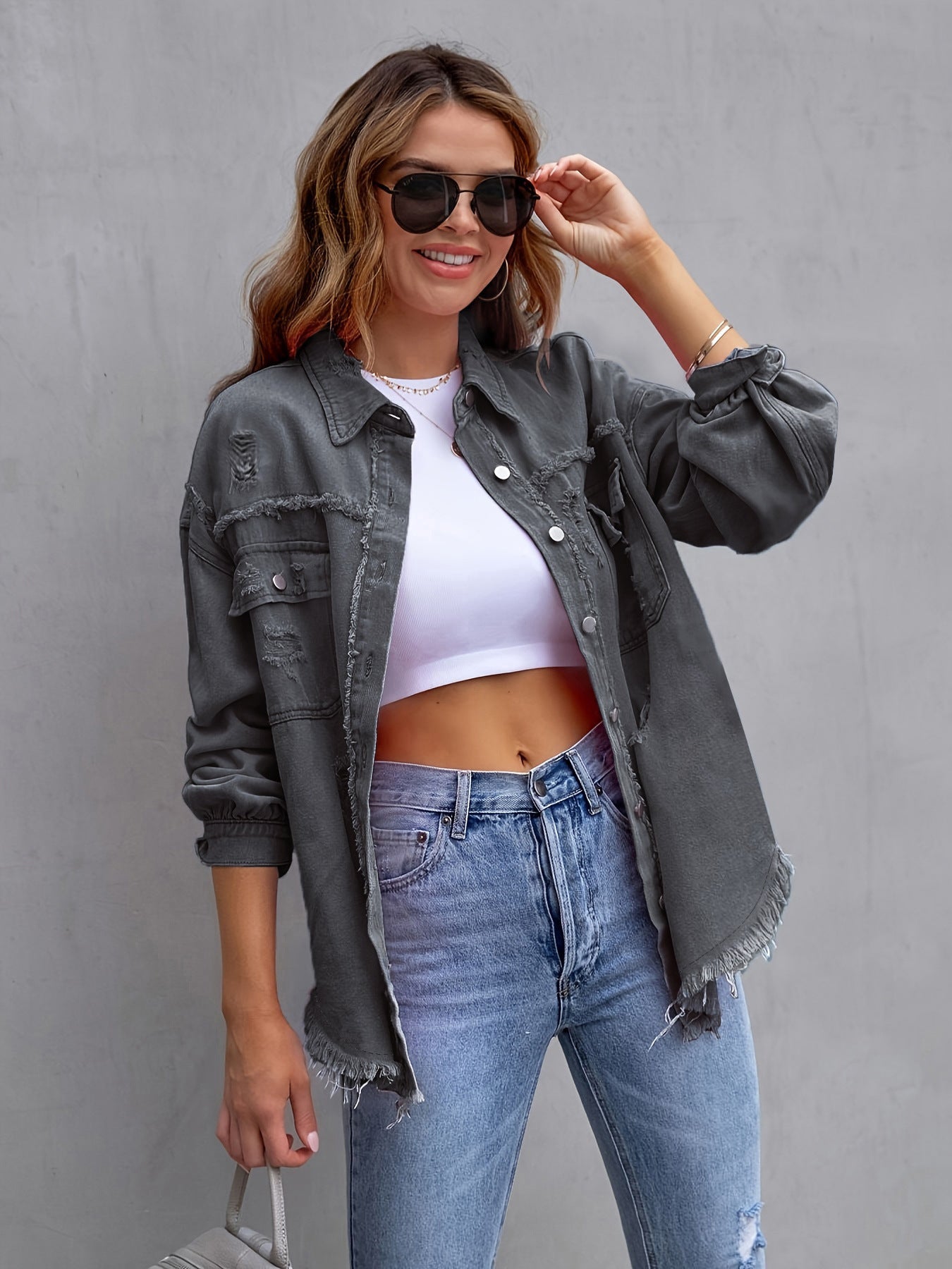 Distressed Mid-Length Denim Jacket