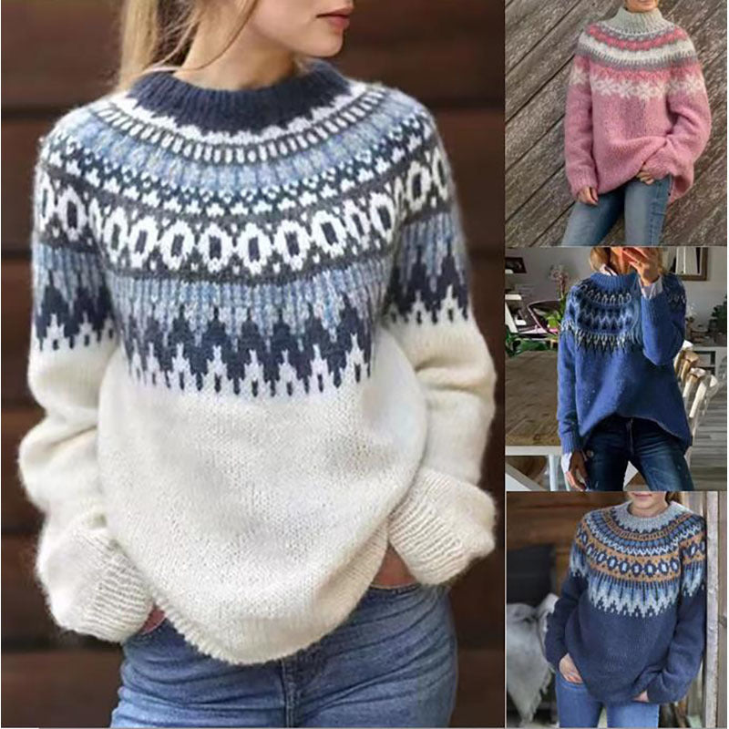 Round Neck Jacquard Retro Sweater