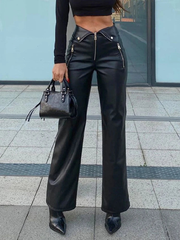 PU Leather High-Waisted Wide-Leg Pants