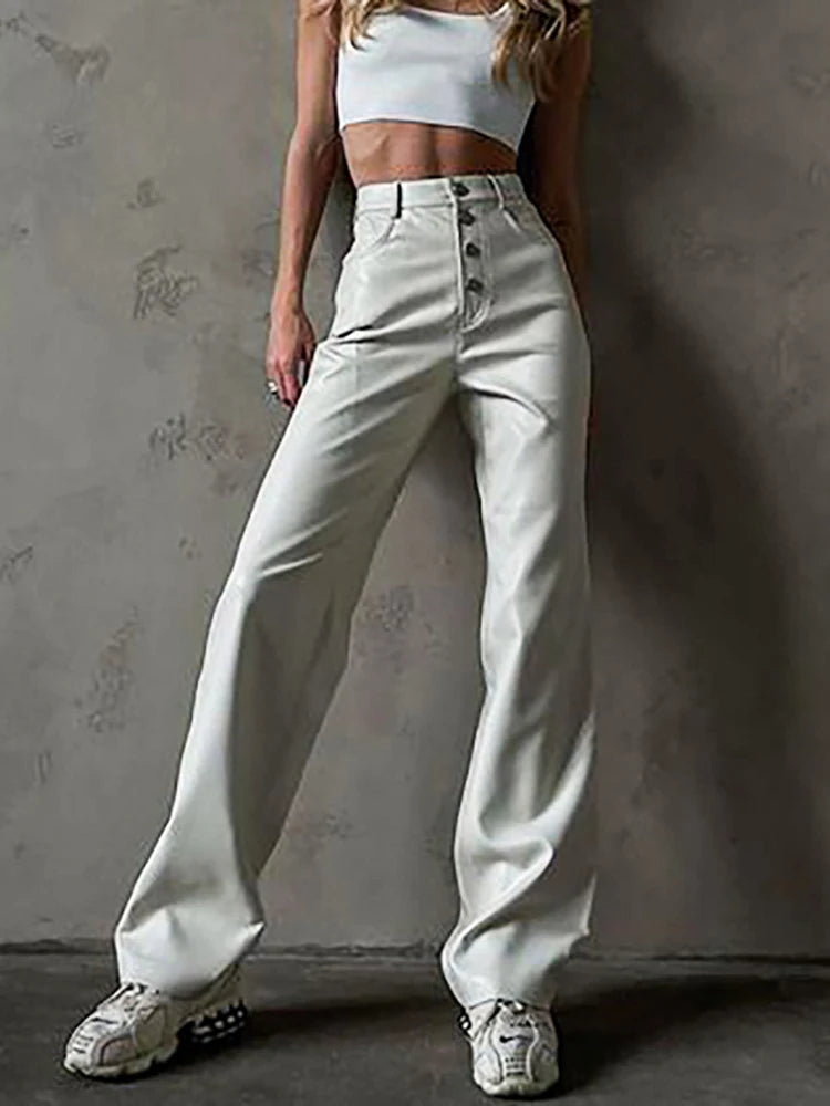 PU Leather High-Waisted Straight-Leg Pants