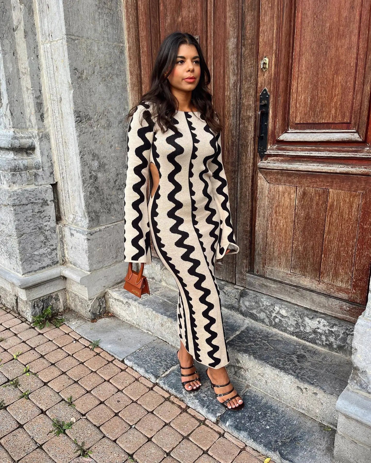 Vintage Ripple Knitted Side Cut Out Maxi Dress