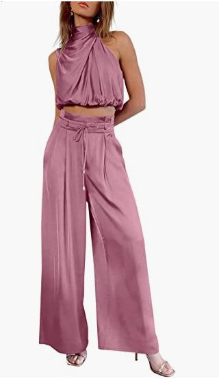 Sleeveless Crop Top with Stand Collar + Wide-Leg Two-Piece Set