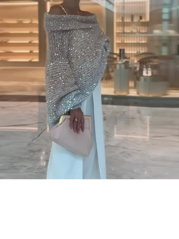 Sequined V-Neck Zipper Cardigan