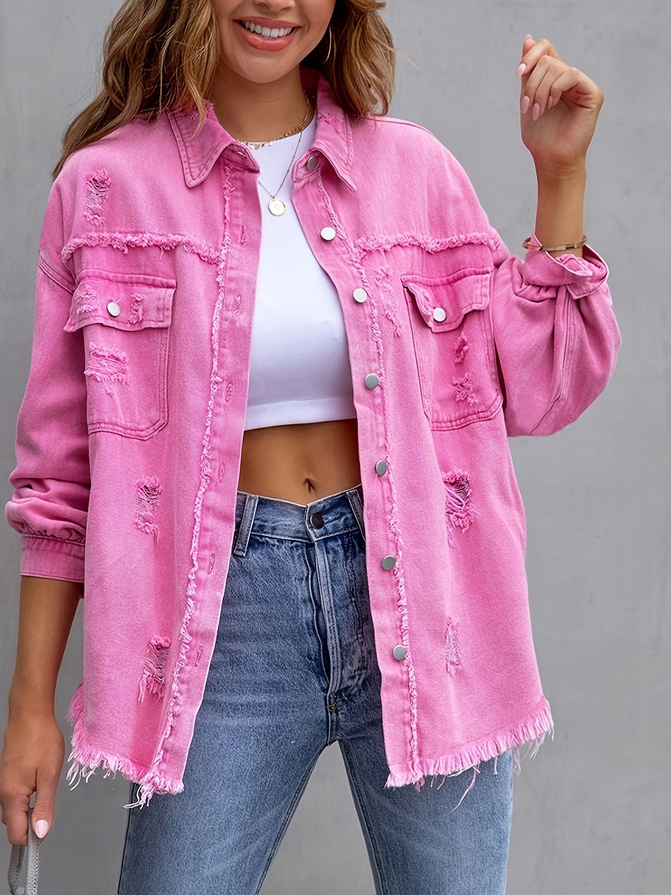 Distressed Mid-Length Denim Jacket