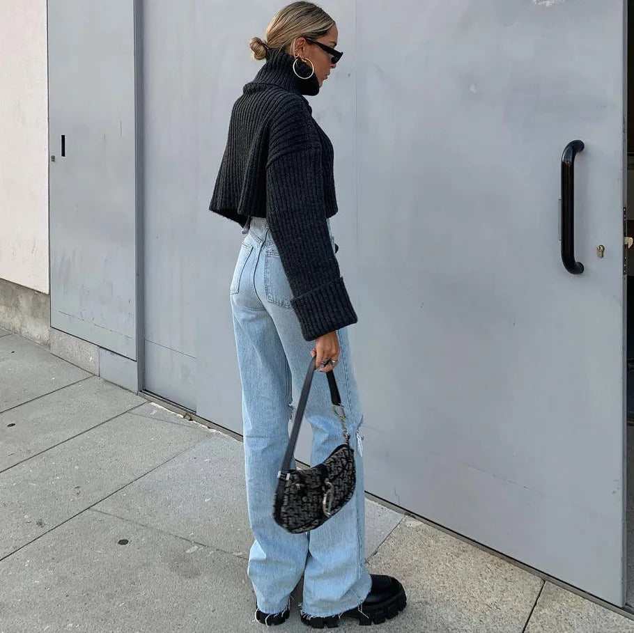 Denim Ripped High Waist Flare Jeans
