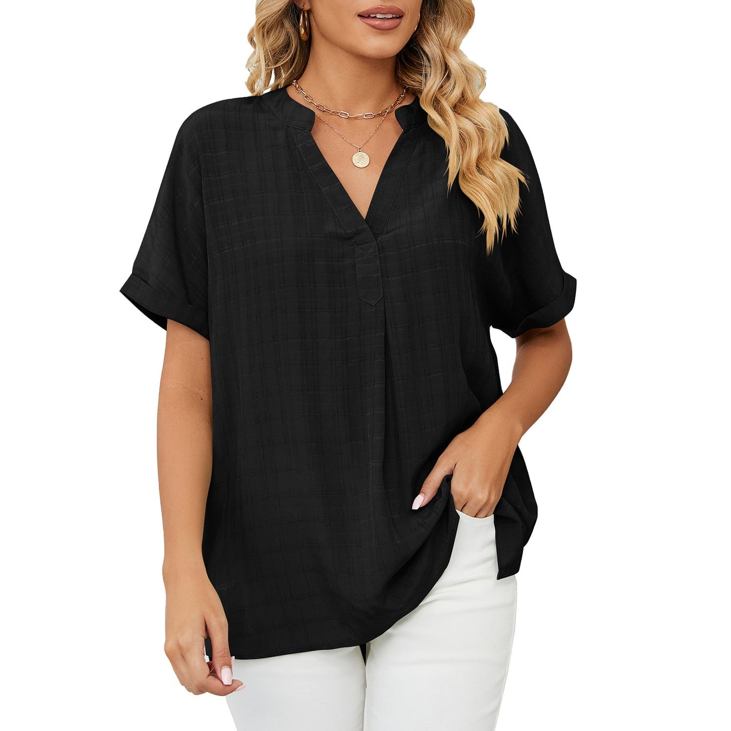 V-Neck Casual Loose Fit Pullover Shirt