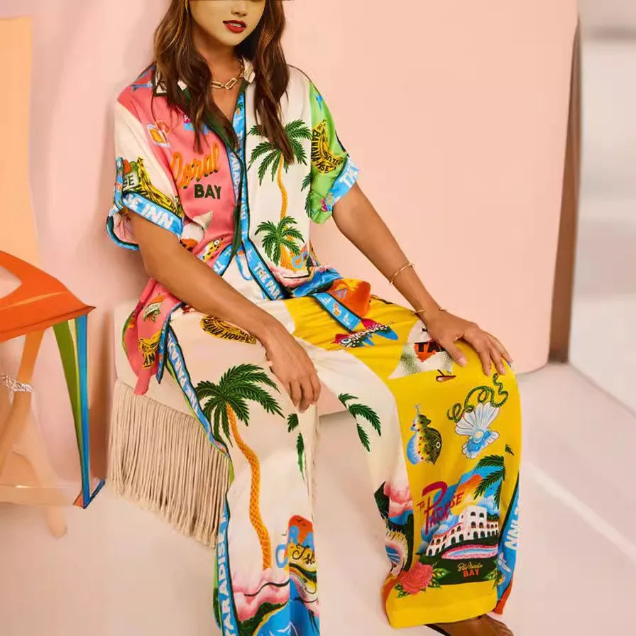 Graffiti Print Satin Two-Piece Set - Short Sleeve Shirt and Long Pants