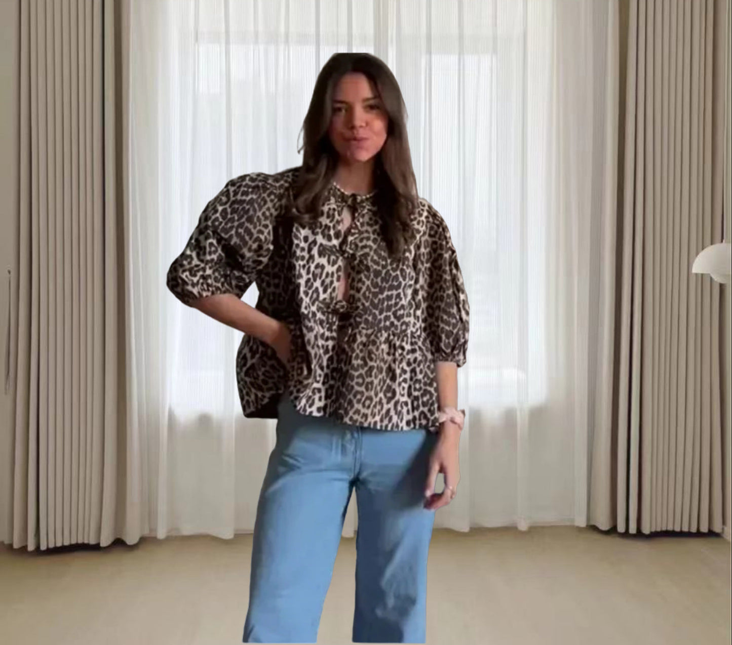 Leisure Leopard Print Hollow Out Lace-up Bubble Sleeve Women's Shirt
