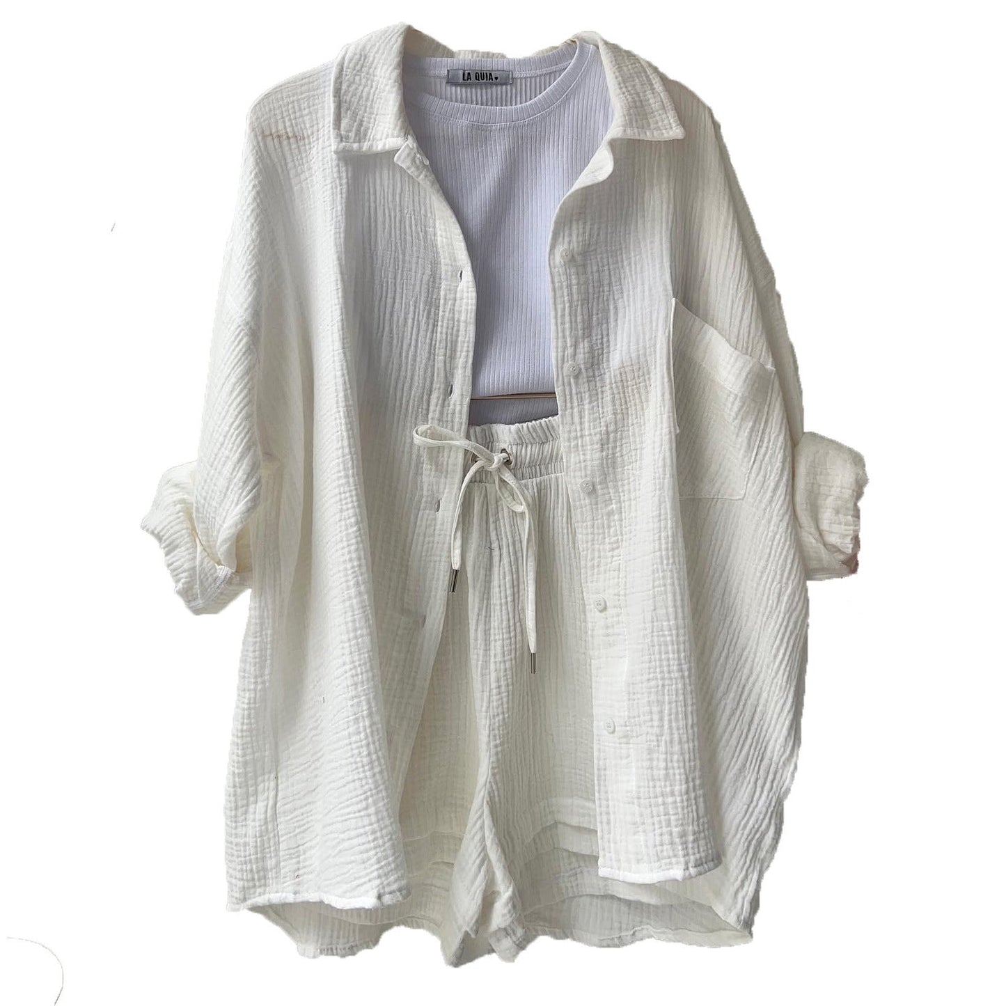 Crinkled Fabric Turn-Down Collar Shirt & High Waist Drawstring Shorts Set
