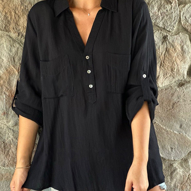 Color Cotton Linen Button Long Sleeve Shirt