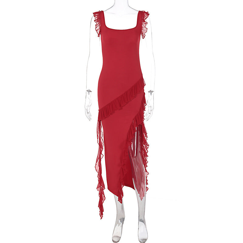 Split Hem Patchwork Dress with Mushroom Edge
