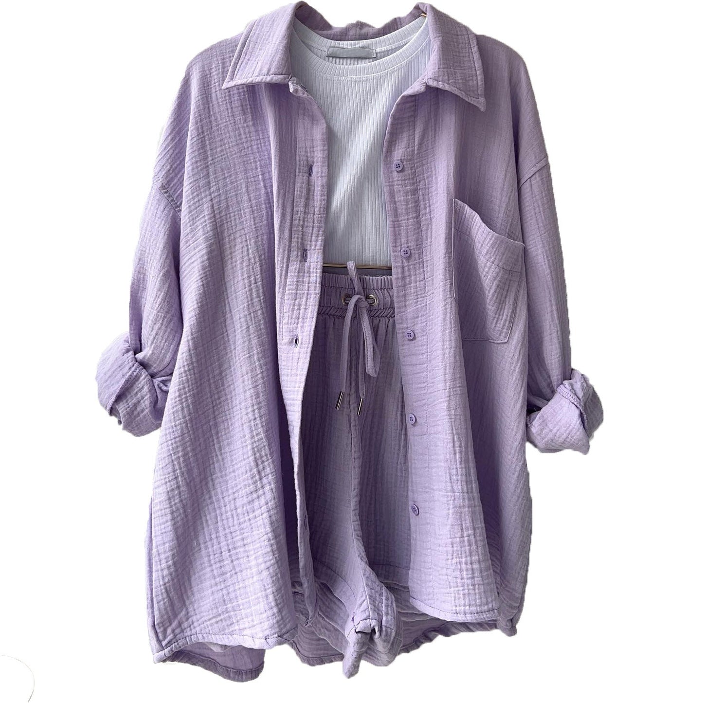 Crinkled Fabric Turn-Down Collar Shirt & High Waist Drawstring Shorts Set