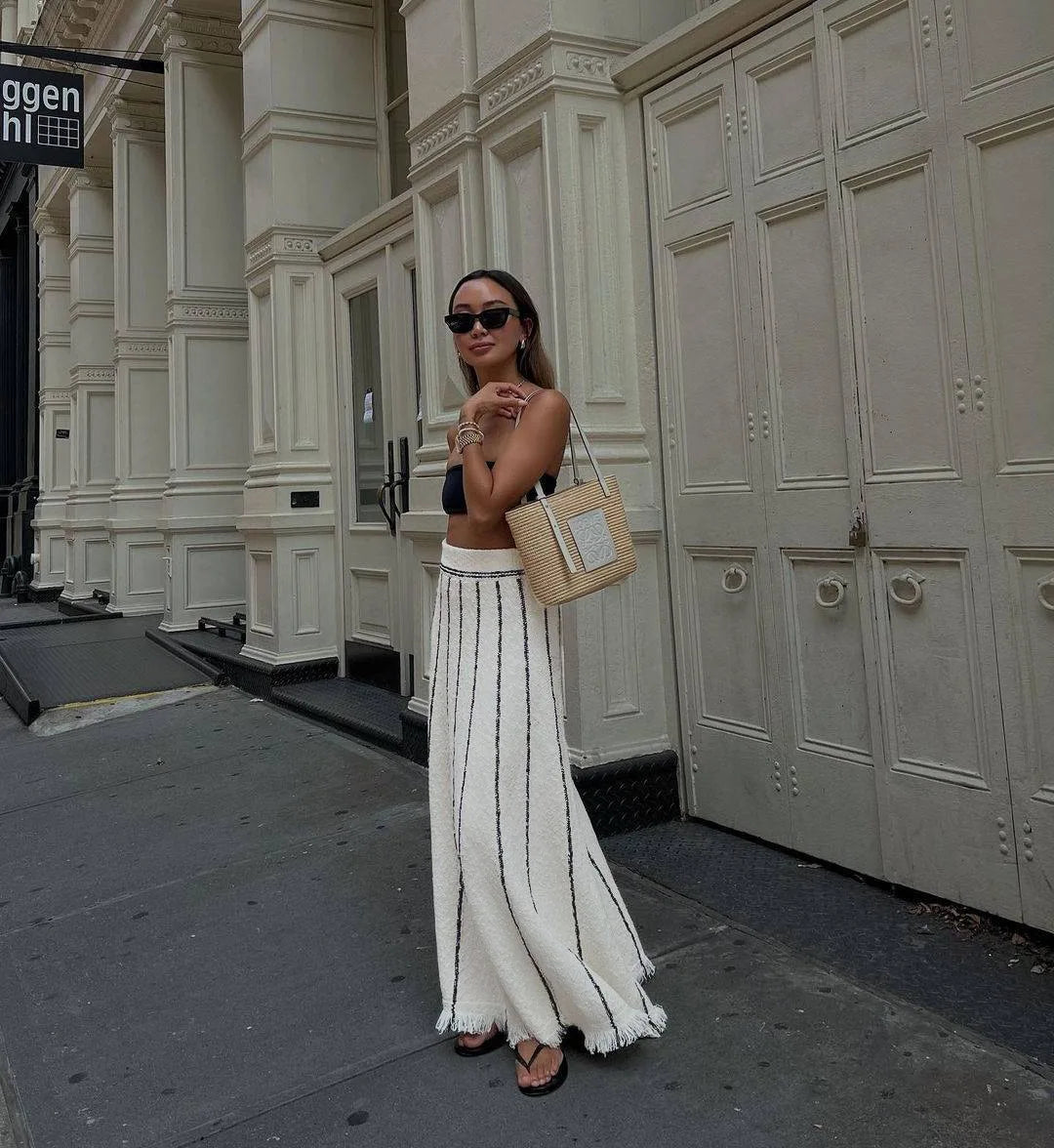 Elegant Striped Fringe Knitted Maxi Skirt
