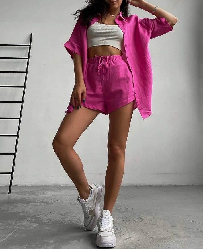 Short-Sleeve Shirt and Tie-Waist Shorts Two-Piece Set