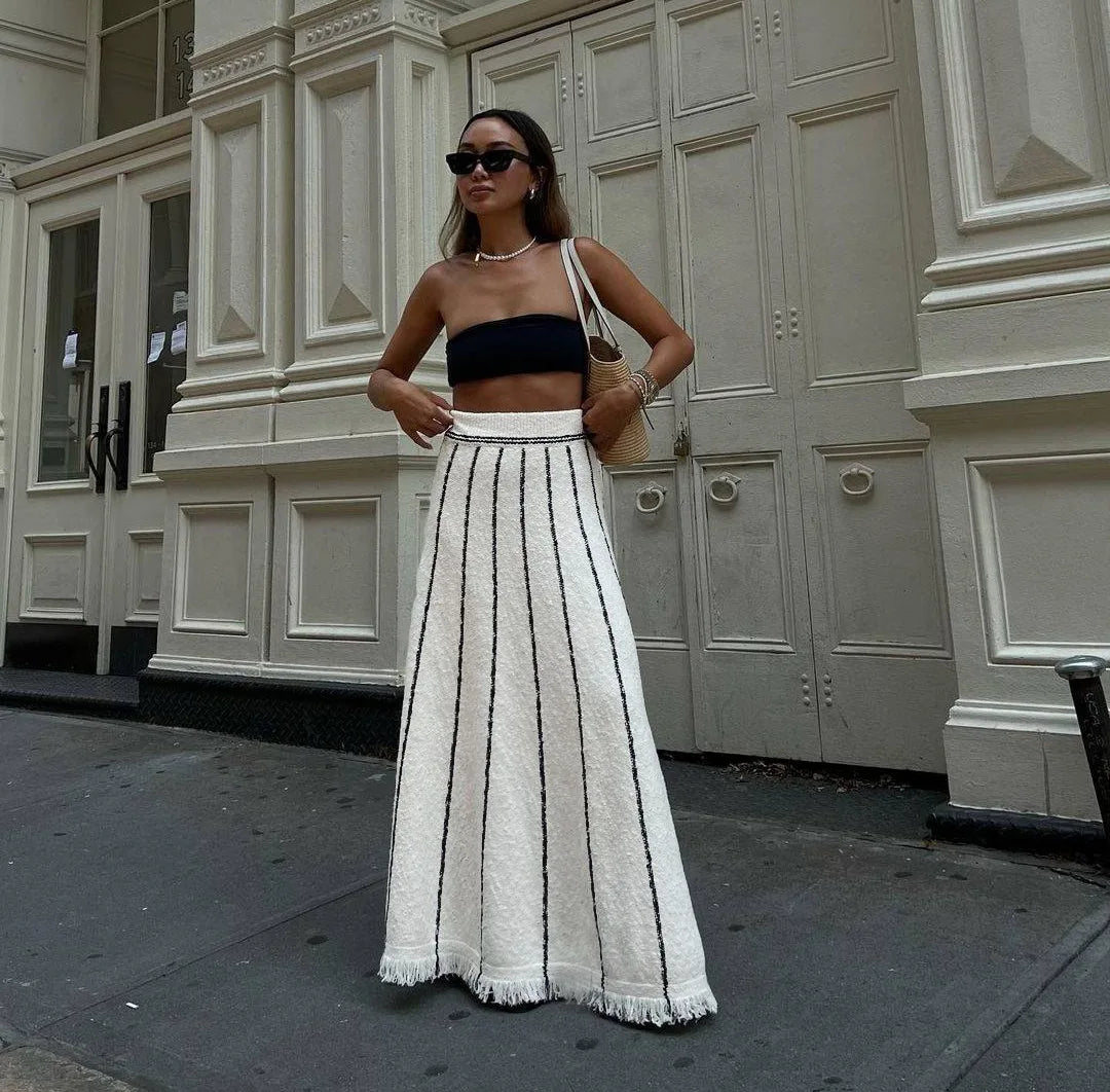 Elegant Striped Fringe Knitted Maxi Skirt