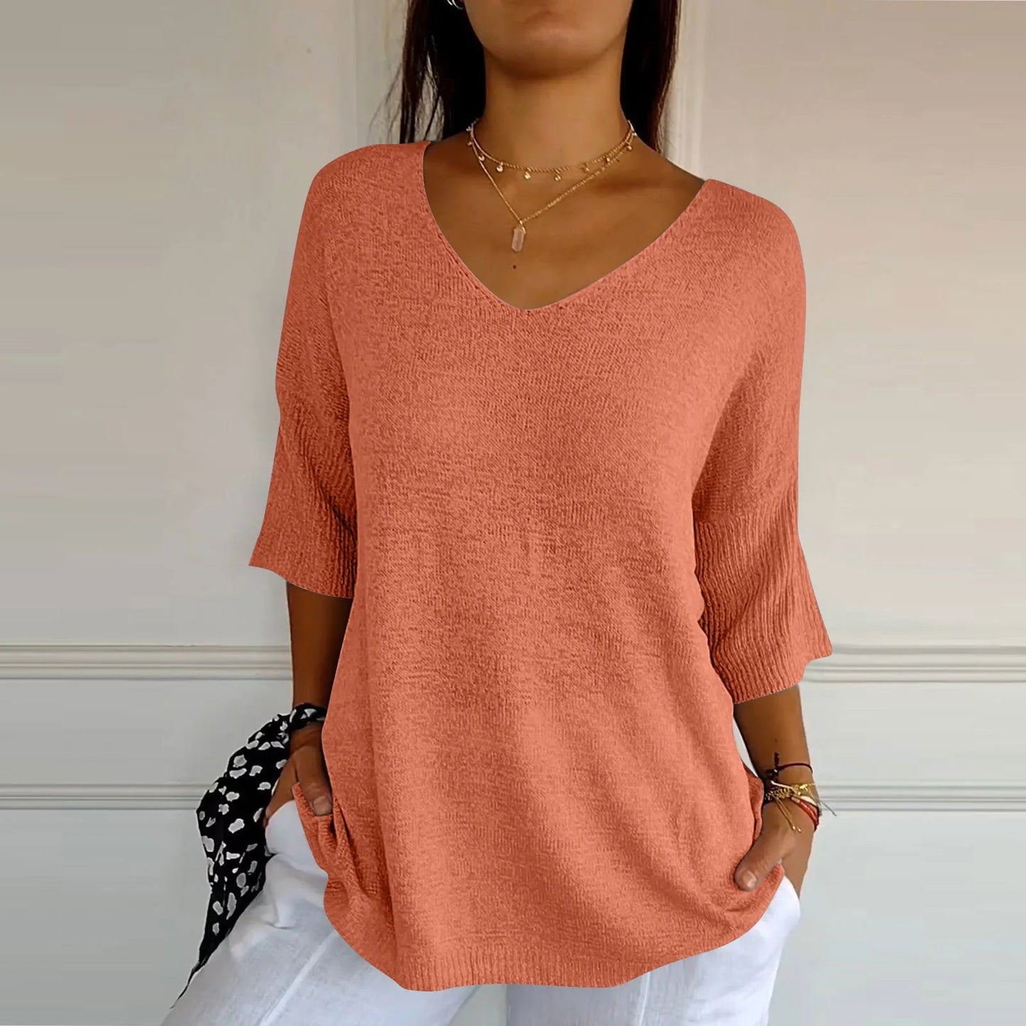 V-Neck Seven-Quarter Sleeve Knit Sweater