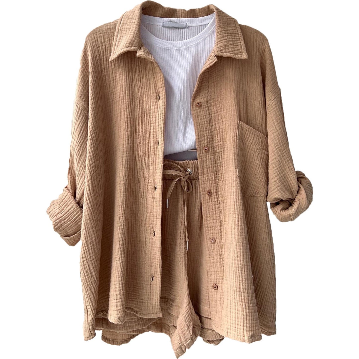 Crinkled Fabric Turn-Down Collar Shirt & High Waist Drawstring Shorts Set