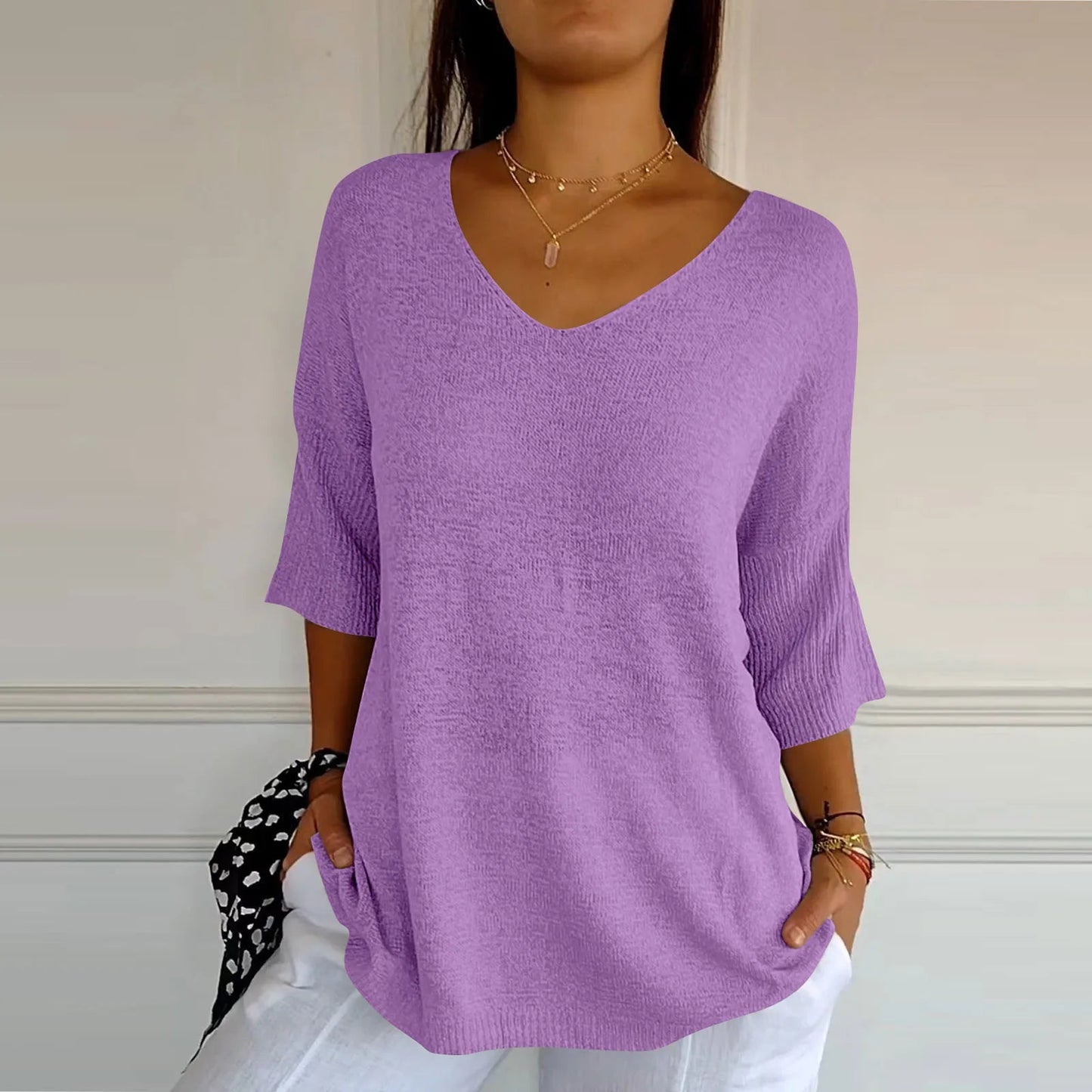 V-Neck Seven-Quarter Sleeve Knit Sweater