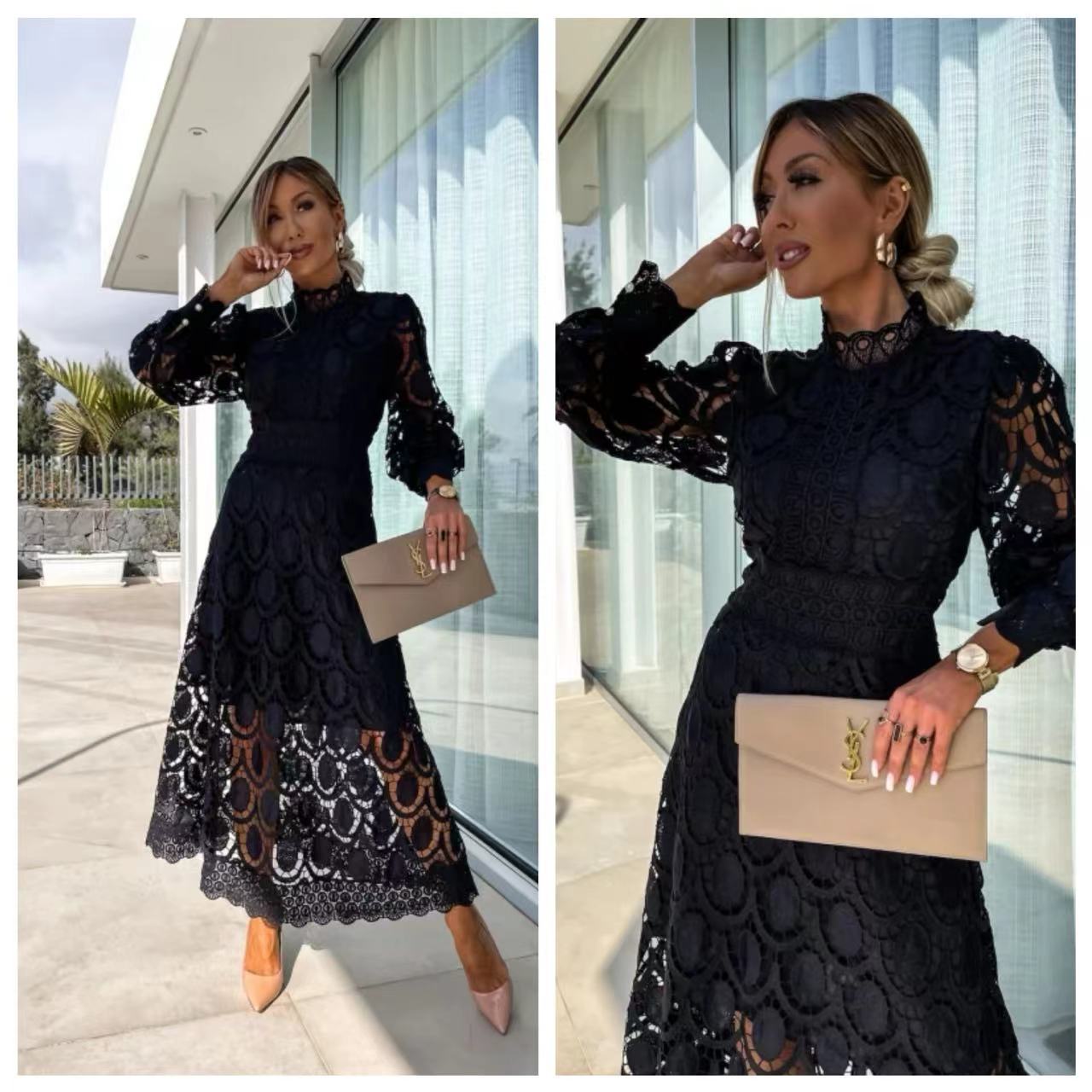 Lace Stand Collar Bubble Sleeve Dress