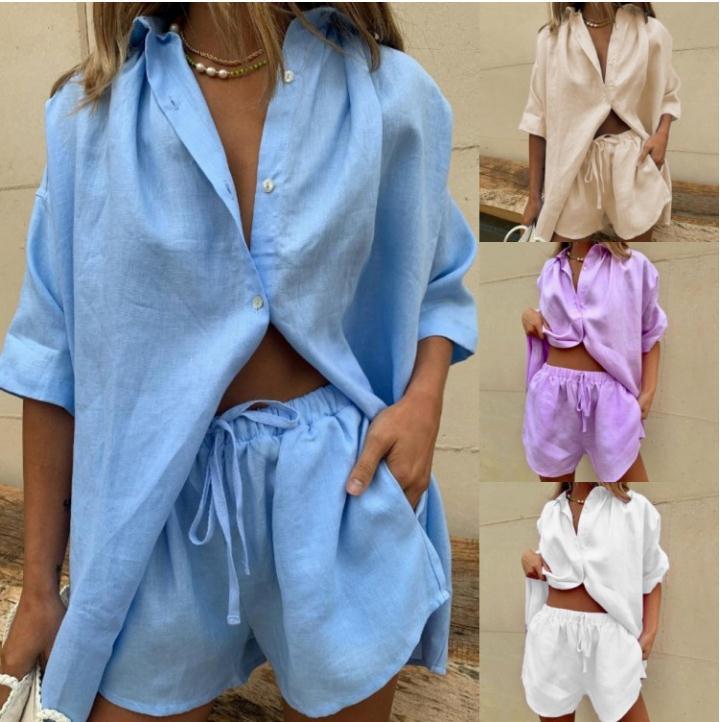 Short-Sleeve Shirt and Tie-Waist Shorts Two-Piece Set