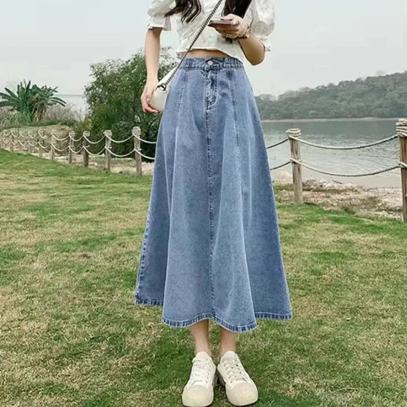 Loose Fit A-Line Denim Midi Skirt