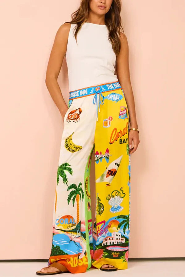 Graffiti Print Satin Two-Piece Set - Short Sleeve Shirt and Long Pants
