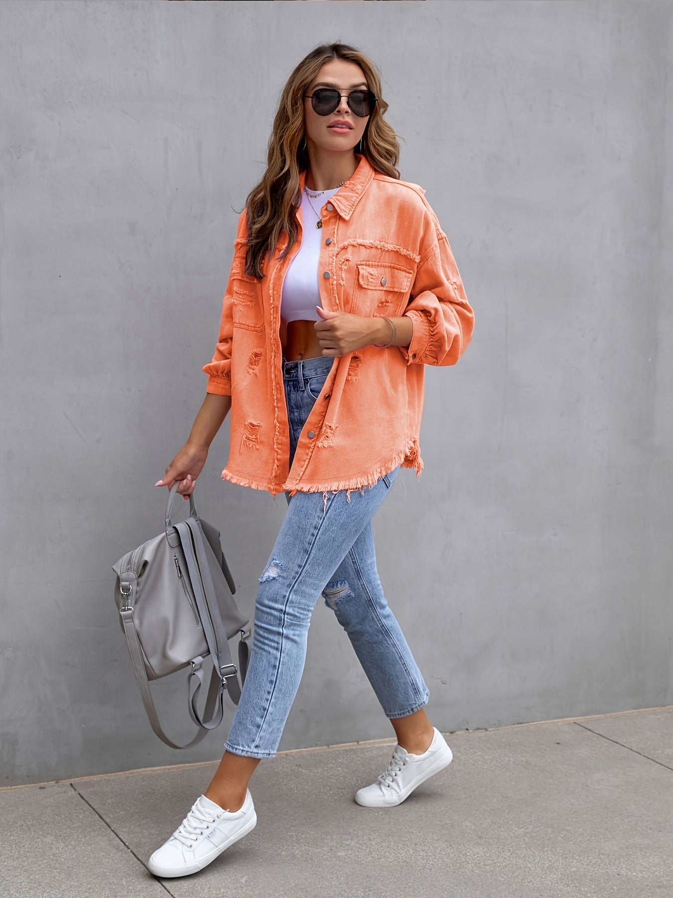 Distressed Mid-Length Denim Jacket