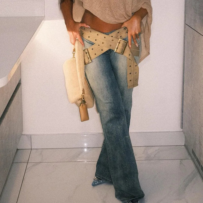 Vintage Distressed Low Rise Straight Leg Jeans