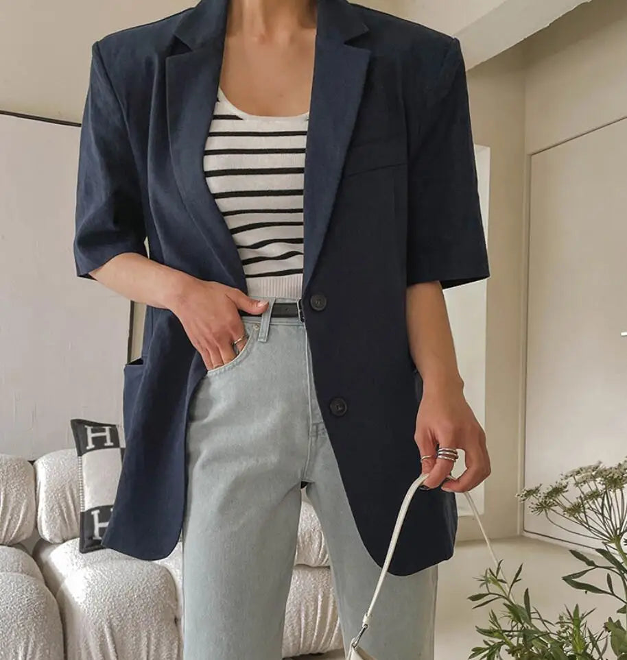 Vintage Short-Sleeve Cotton Linen Blazer
