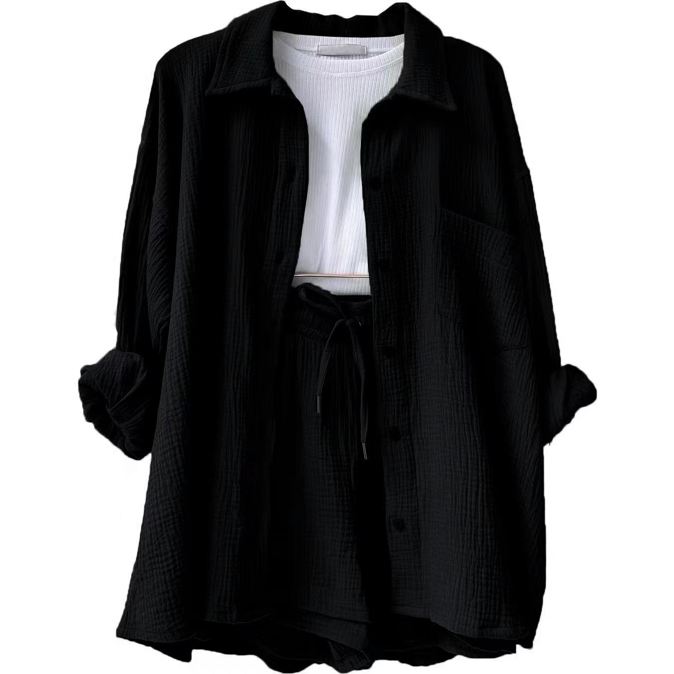 Crinkled Fabric Turn-Down Collar Shirt & High Waist Drawstring Shorts Set
