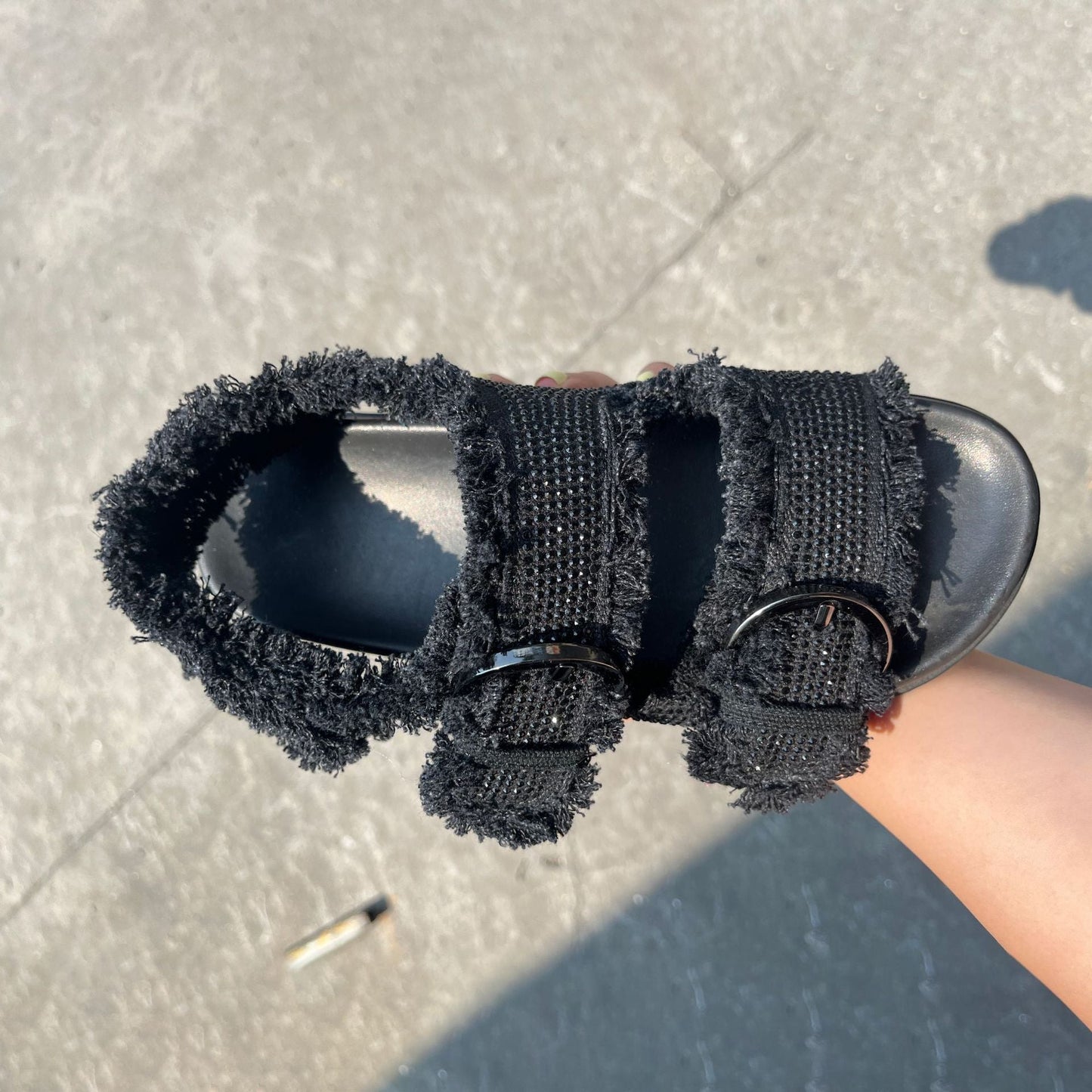 Black Rhinestone Embellished Thick Flat Sandals