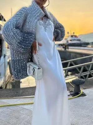 Sequined V-Neck Zipper Cardigan
