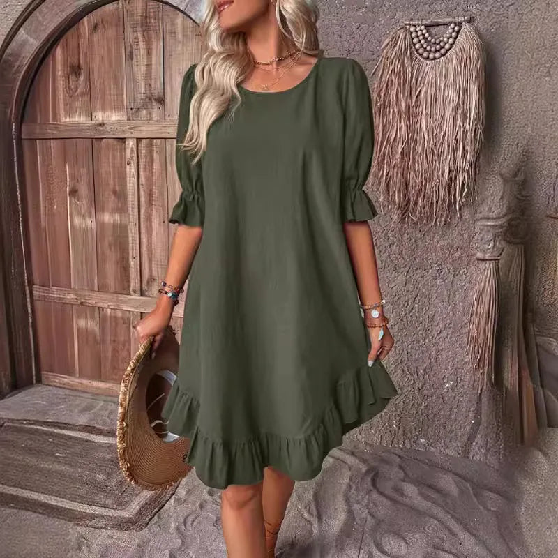Vintage Linen Cotton Mid-Sleeve Swing Dress