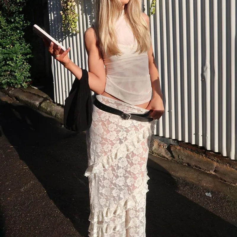 Lace Patchwork Sheer Maxi Skirt