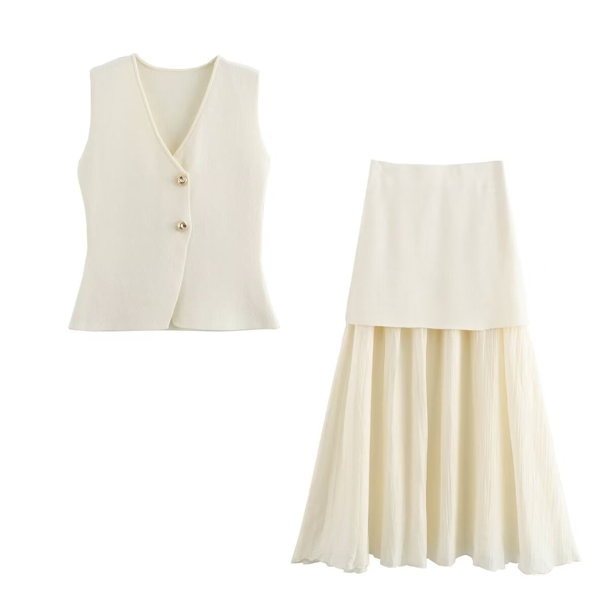 Gold Button Knit Vest and Skirt Two-Piece Set