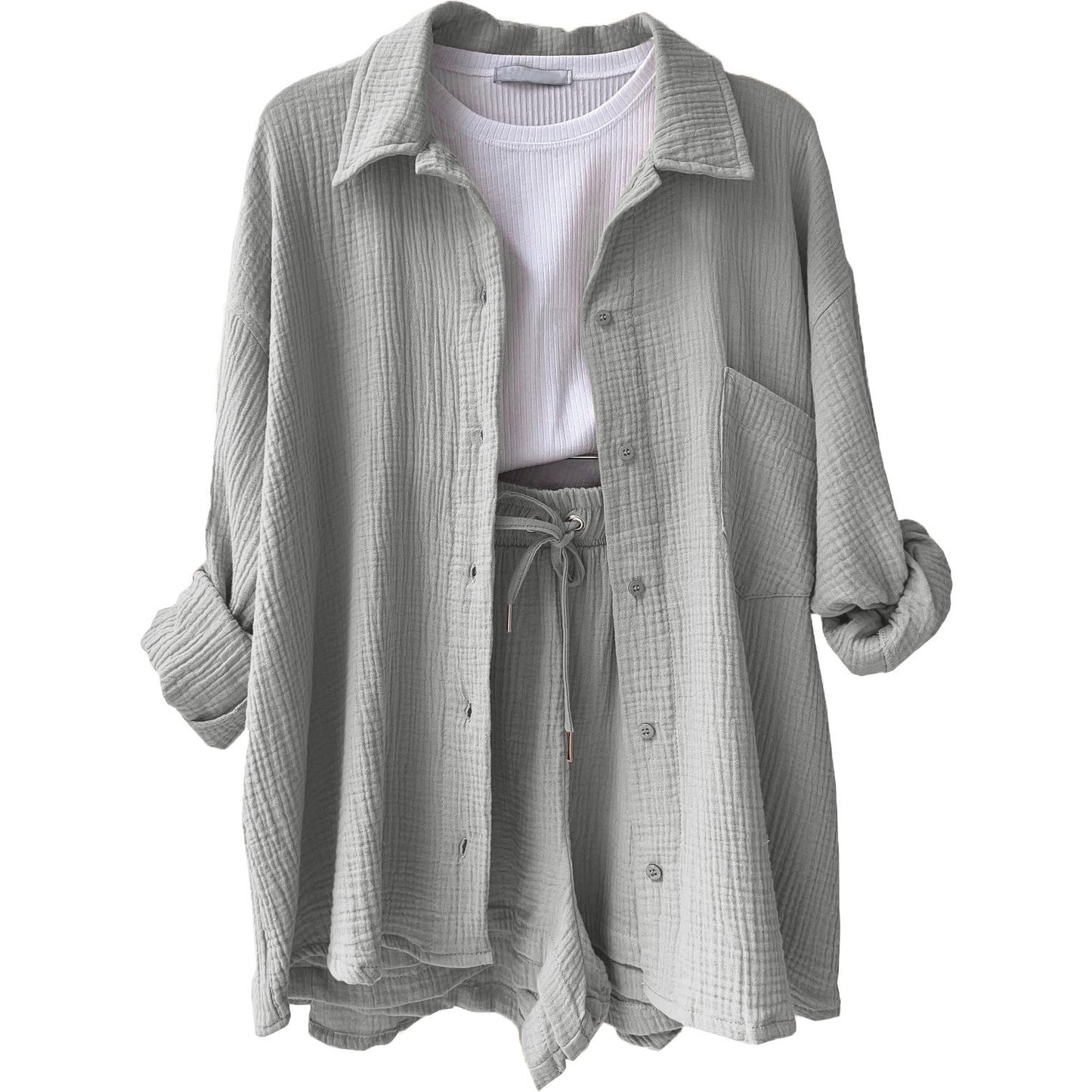 Crinkled Fabric Turn-Down Collar Shirt & High Waist Drawstring Shorts Set