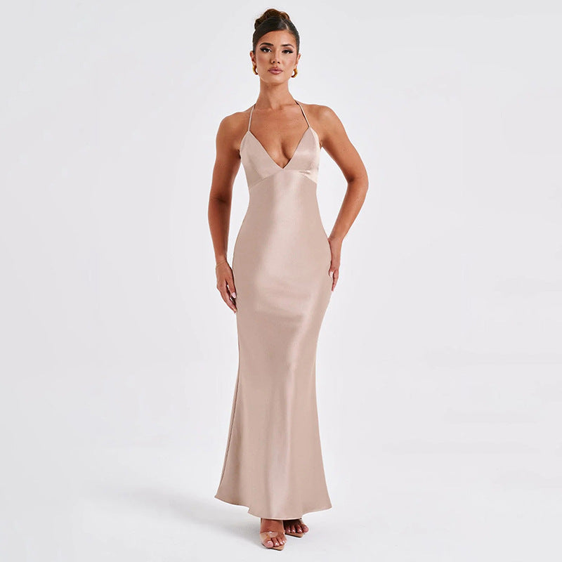 V-Neck Backless Long Slim Spaghetti Strap Gown Dress