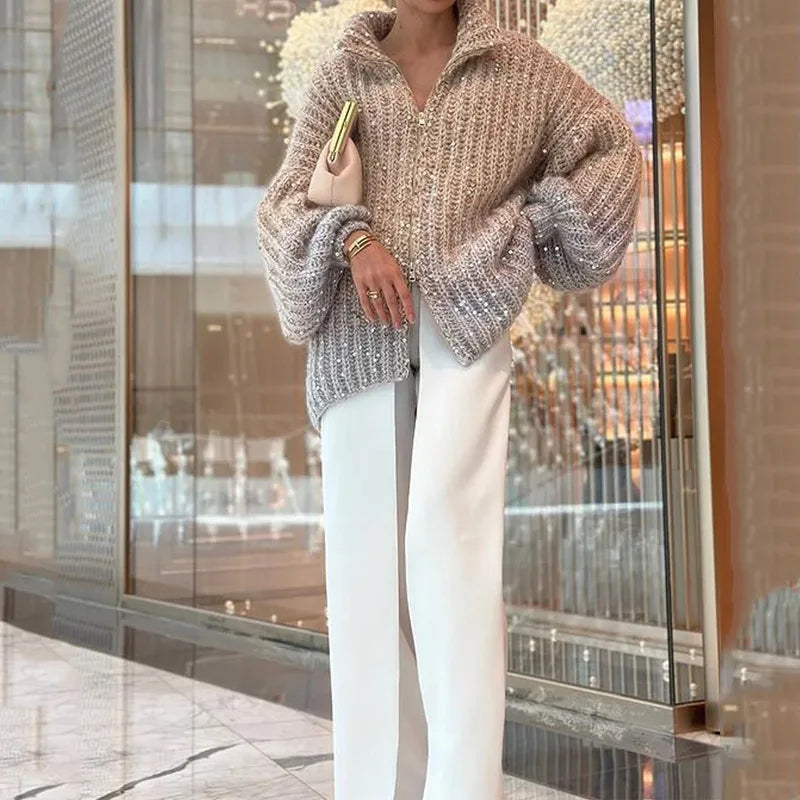 Sequined V-Neck Zipper Cardigan