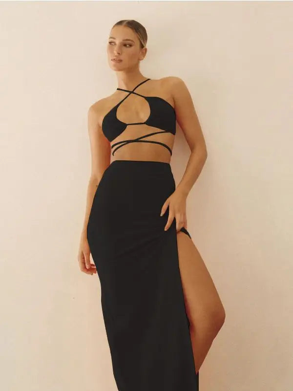 Hollow Out Crop Top & High-Slit Skirt Set