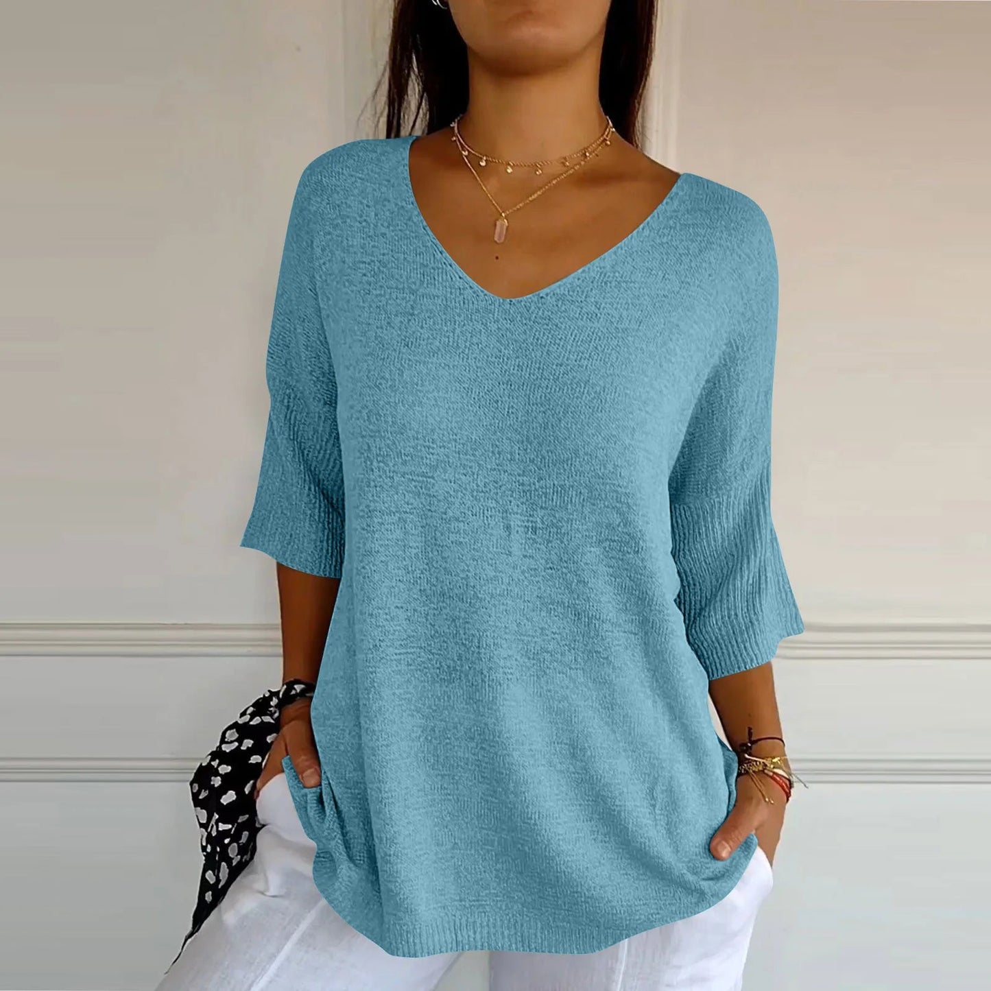 V-Neck Seven-Quarter Sleeve Knit Sweater