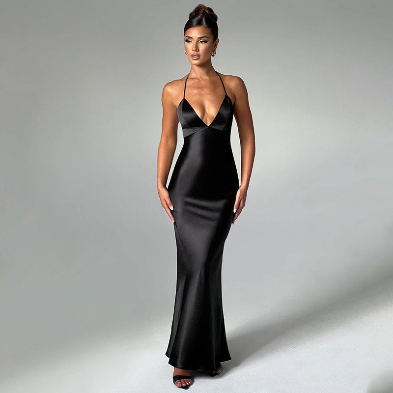 V-Neck Backless Long Slim Spaghetti Strap Gown Dress
