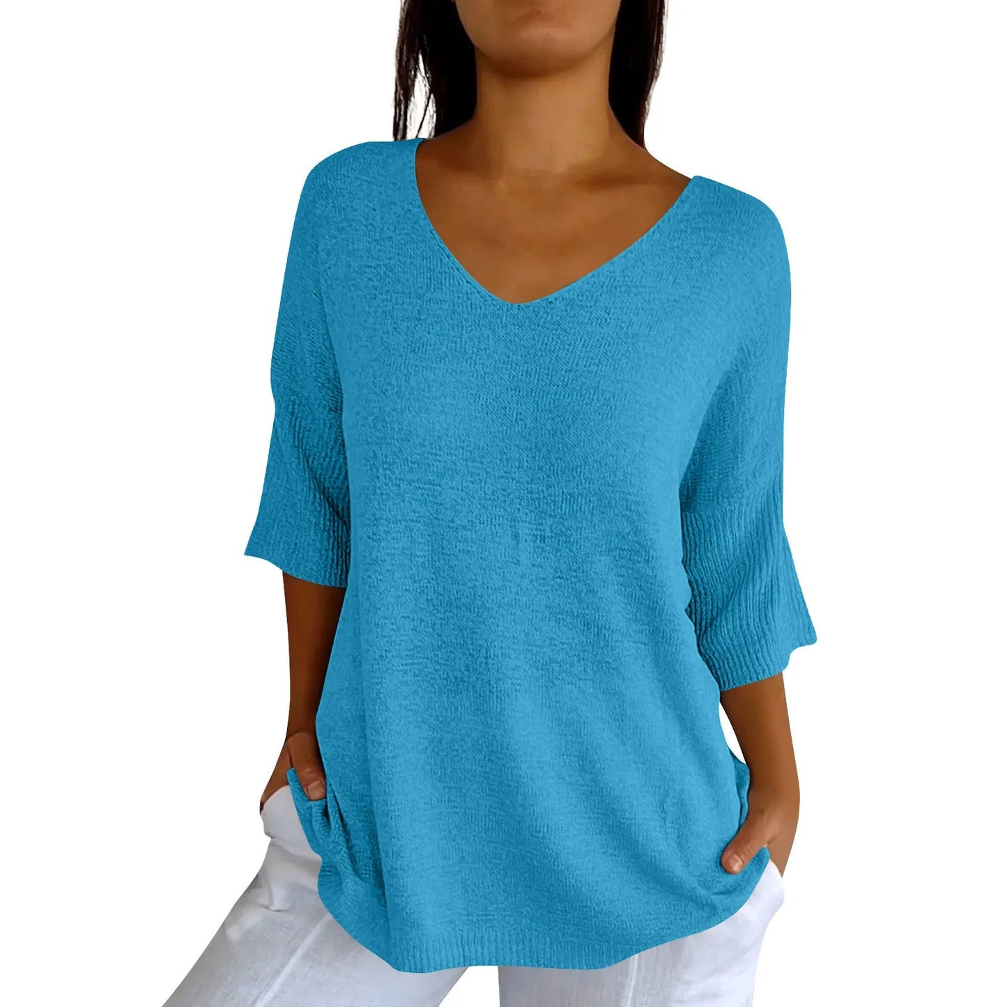 V-Neck Seven-Quarter Sleeve Knit Sweater